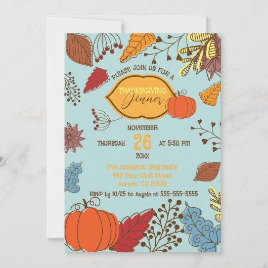 Fall-Themed Blätter Berries Pumpkin Erntedank Einladung (Vorderseite)