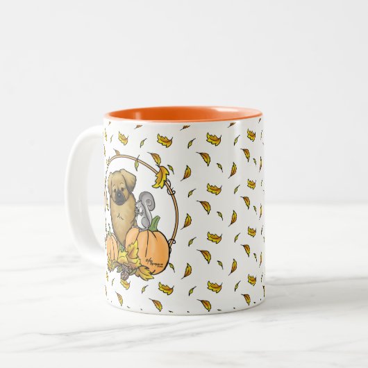 Fall Tibetischer Spaniel (braun) Dog Pumpkins Nied Zweifarbige Tasse (Vorderseite Links)