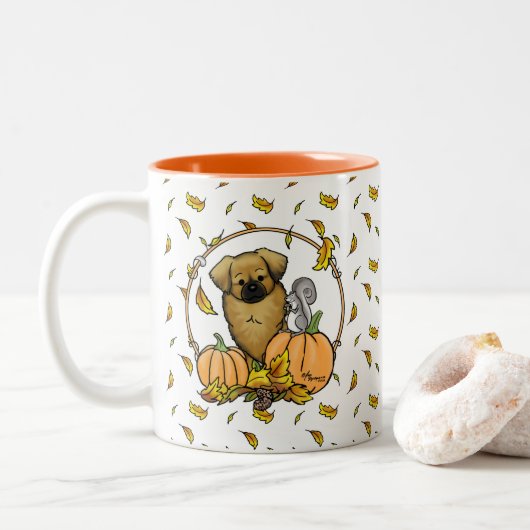 Fall Tibetischer Spaniel (braun) Dog Pumpkins Nied Zweifarbige Tasse (Mit Donut)