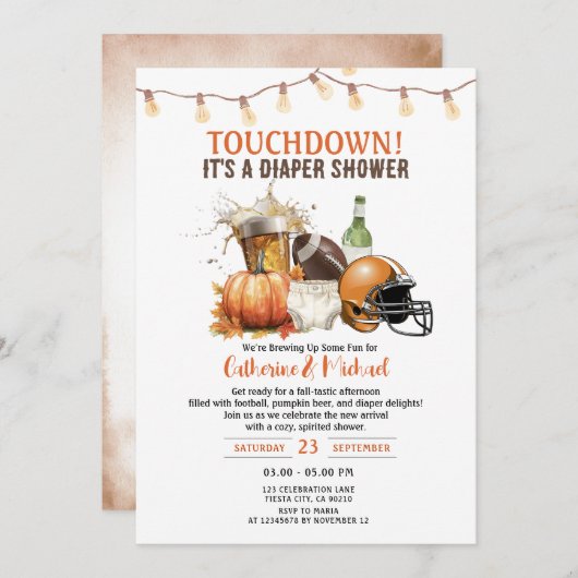 Fall Touchdown es ist ein Windeln Baby Dusche Beer Einladung (Vorne/Hinten)