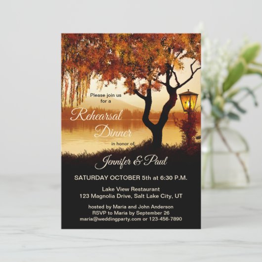 Fall Tree Lake View Probe Abendessen Einladung (Stehend Vorderseite)