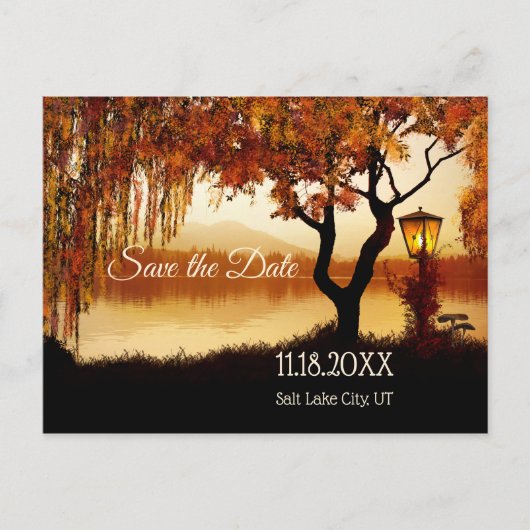 Fall Tree Lake View Save the Date Postkarte (Vorderseite)