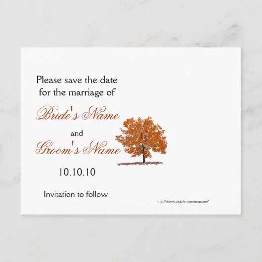 Fall Tree Save the Date Postkarte. Ankündigungspostkarte (Rückseite)