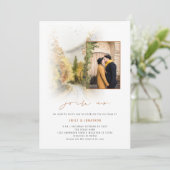 Fall Trees Foto QR Jos Us Terracotta Wedding Einladung (Stehend Vorderseite)