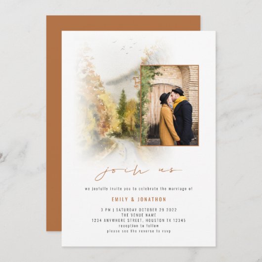 Fall Trees Foto QR Jos Us Terracotta Wedding Einladung (Vorne/Hinten)