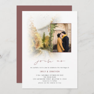 Fall Trees Foto QR schließen sich uns Mauve Weddin Einladung