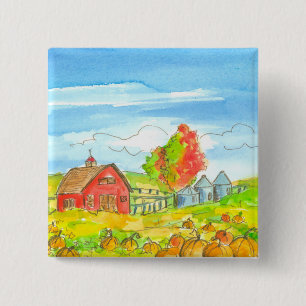 Fall Trees Pumpkin Patch Red Barn Button