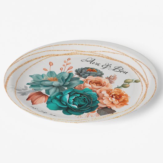 Fall Turquoise und Terracotta Peony Gold Wedge Pappteller (Schrägansicht)