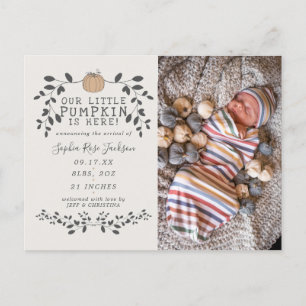Fall Unsere kleine Pumpkin Birth Baby Ankündigung Postkarte