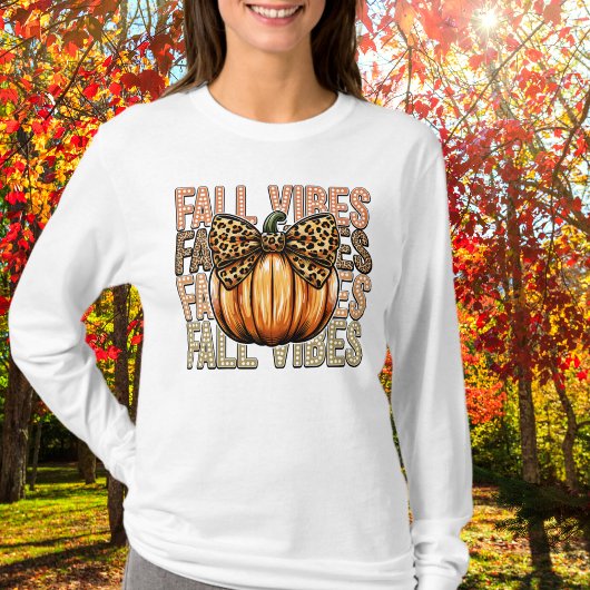 Fall Vibes Leopard Bow Pumpkin Long Sleeve Tshirt