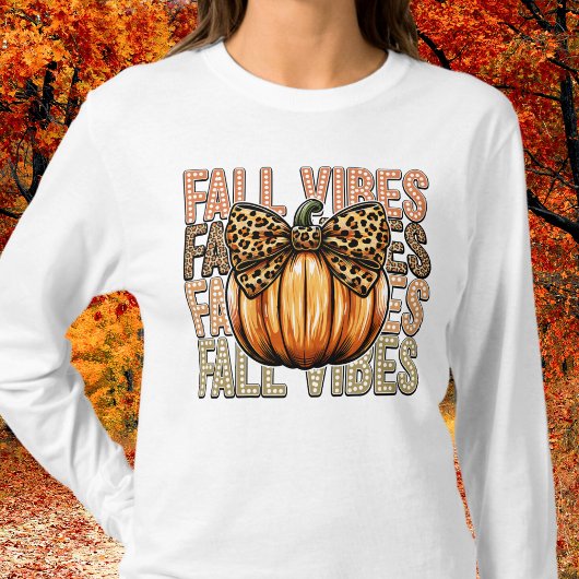 Fall Vibes Leopard Bow Pumpkin Long Sleeve Tshirt