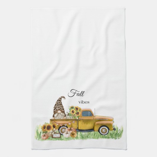 Fall Vibes Leopard Gnome Gelbe Lieferwagen Geschirrtuch (Vertikal)