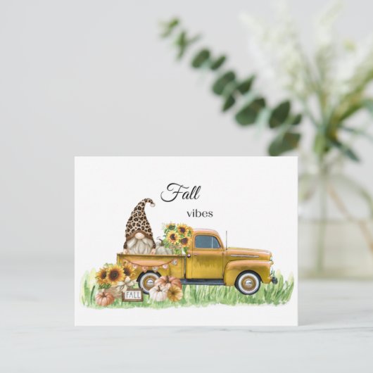 Fall Vibes Leopard Gnome Gelbe Lieferwagen Postkarte (Stehend Vorderseite)