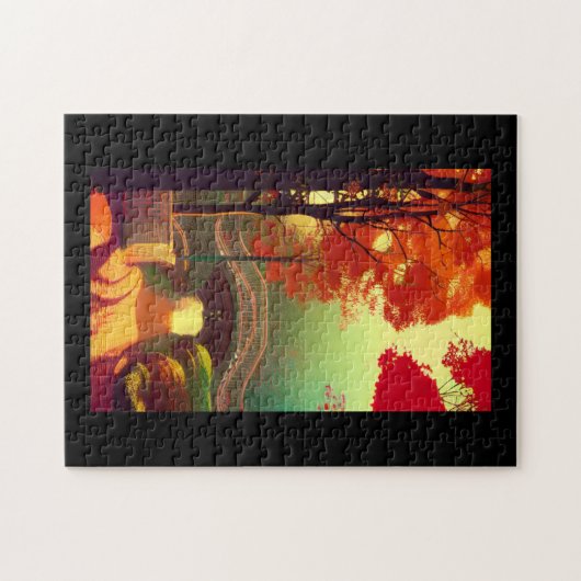 Fall von Laub über Brücke über türkisfarbenes Wass Puzzle (Horizontal)