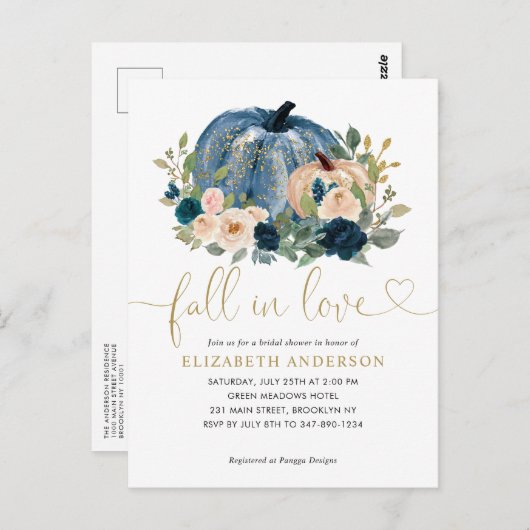 Fall von Liebe Blue Floral Pumpkin Brautparty Postkarte (Vorne/Hinten)