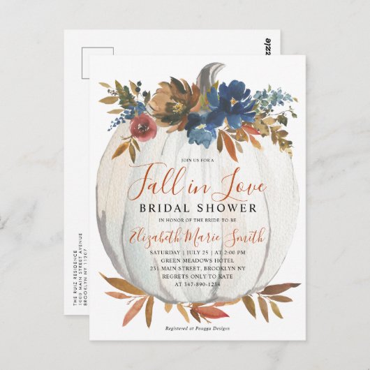 Fall von Liebe Blue Floral Pumpkin Brautparty Postkarte (Vorne/Hinten)