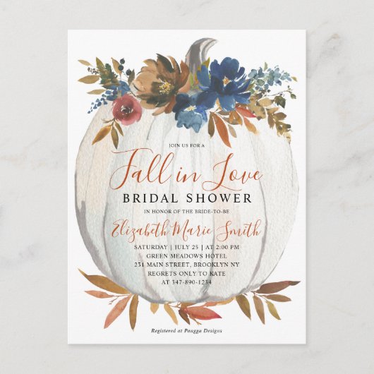 Fall von Liebe Blue Floral Pumpkin Brautparty Postkarte (Vorderseite)