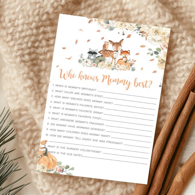 Fall-Waldtiere-Wer kennt Mama am besten-Spiel (Floral Woodland Animals Baby Shower Who Knows Mommy Best Game)