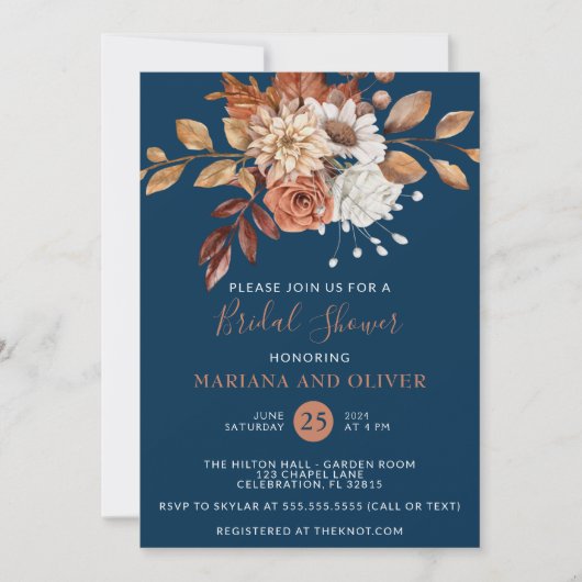 Fall Wasserfarbe Blumenblau-Brautparty Einladung (Vorderseite)