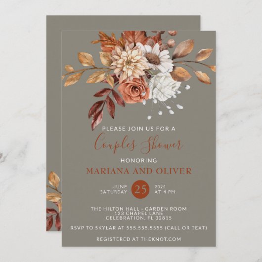 Fall Wasserfarbe Blütengraue Paare Dusche Einladung (Vorne/Hinten)