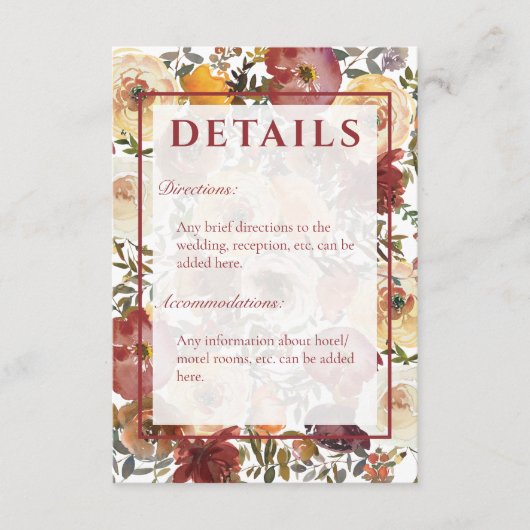 Fall Wasserfarbe Bouquets Hochzeitsdetails Begleitkarte (Vorderseite)
