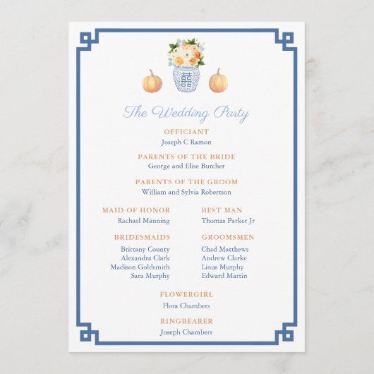 Fall Wasserfarbe Florals und Pumpkins Hochzeit Programm (Rückseite)