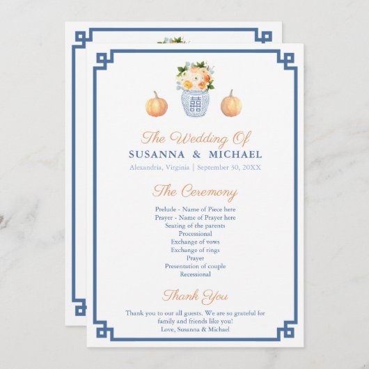 Fall Wasserfarbe Florals und Pumpkins Hochzeit Programm (Vorne/Hinten)