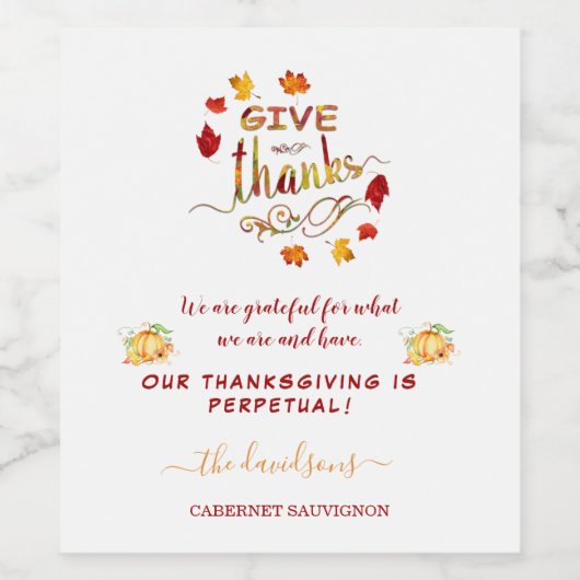 Fall Wasserfarbe Pumpkins Blätter Danke geben Weinetikett (Einzelnes Label)