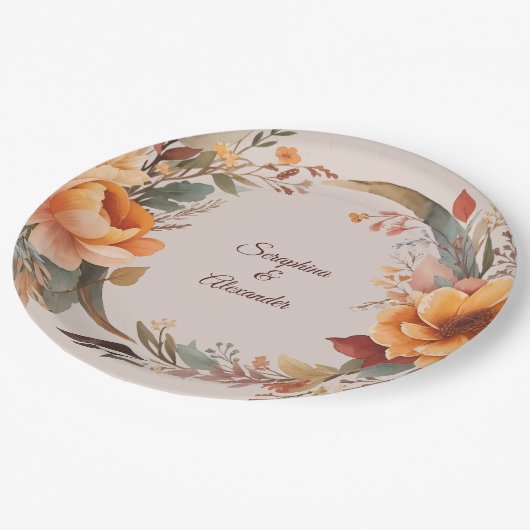 Fall Wasserfarbe Rustikale Blumenhochzeit Pappteller (Schrägansicht)