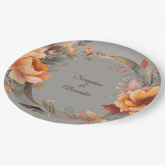 Fall Wasserfarbe Rustikale Blumenhochzeit Pappteller (Schrägansicht)