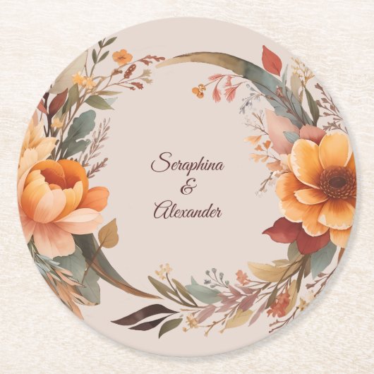 Fall Wasserfarbe Rustikale Blumenhochzeit Runder Pappuntersetzer (Vorderseite)