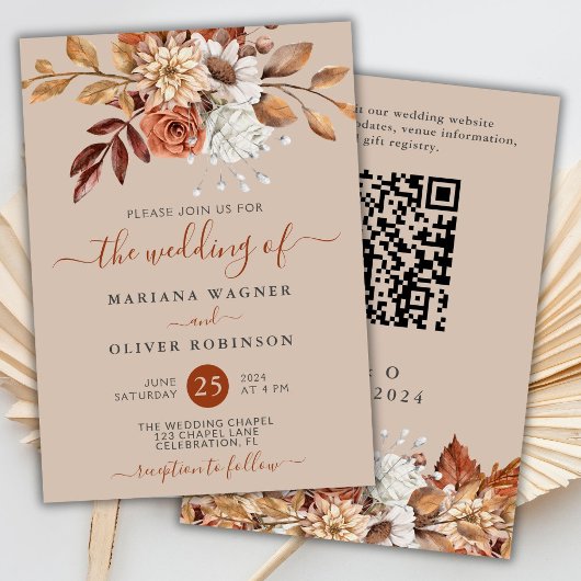 Fall Wasserfarbenfloral auf Beige QR Code Hochzeit Einladung