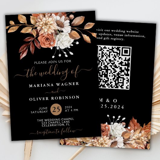 Fall Wasserfarbenfloral auf Black QR Code Hochzeit Einladung