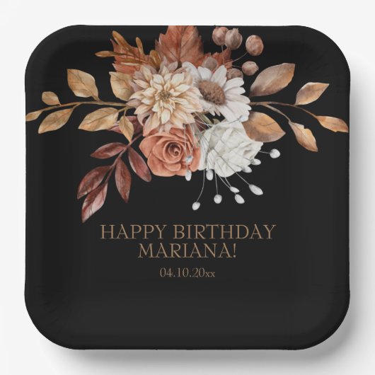 Fall Wasserfarbenfloral Black Birthday Party Pappteller (Vorderseite)
