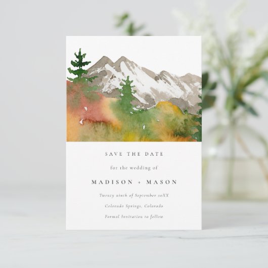 Fall Wasserfarbengebirge Pinienbäume Save the Date (Stehend Vorderseite)