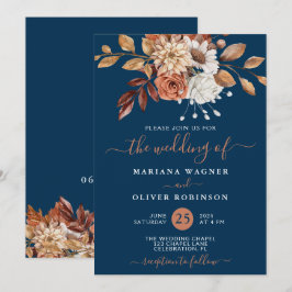 Fall Watercolor Floral auf Navy Blue Wedding Einladung