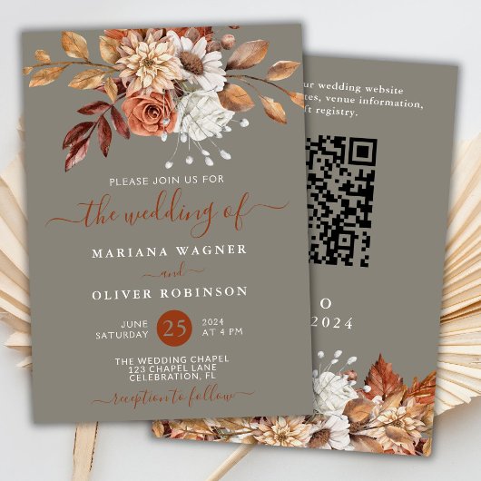 Fall Watercolor Floral Gray QR CodeWedding Einladung