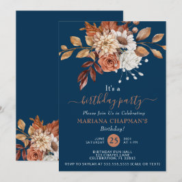 Fall Watercolor Floral Navy Blue Geburtstagsparty Einladung