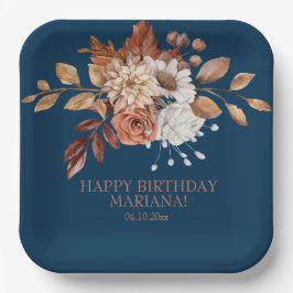 Fall Watercolor Floral Navy Blue Geburtstagsparty Pappteller