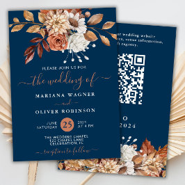 Fall Watercolor Floral Navy Blue QR Code Hochzeit Einladung