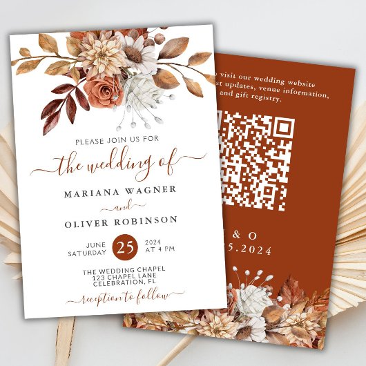 Fall Watercolor Floral QR Code Hochzeit Einladung