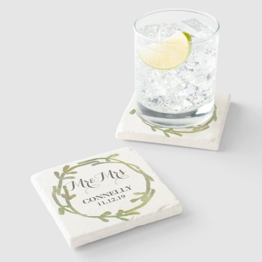 Fall Watercolor Green Blätter Hochzeit Steinuntersetzer (Seitenansicht)