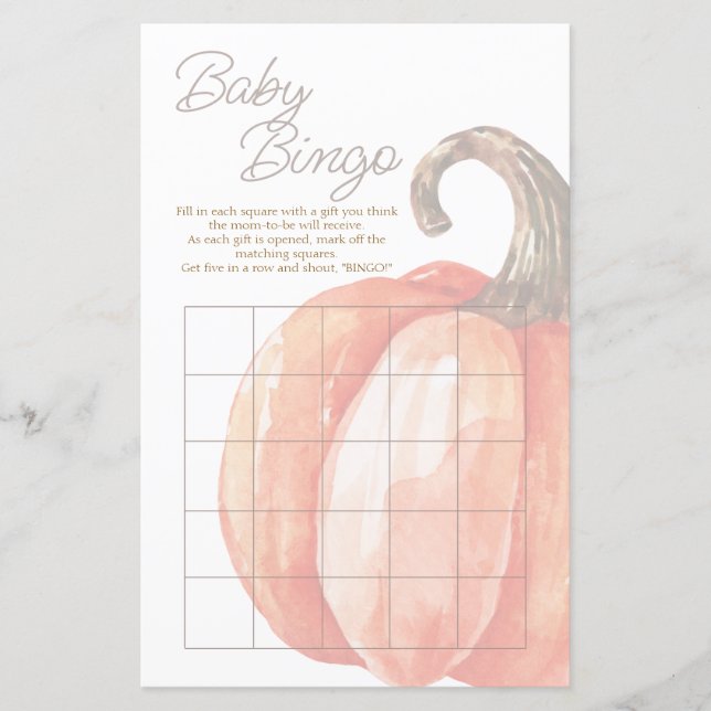 Fall Watercolor Orange Pumpkin Baby Shooting Bingo (Vorderseite)