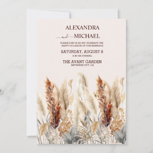 Fall Watercolor Pampas Grass Wedding Einladung (Vorderseite)