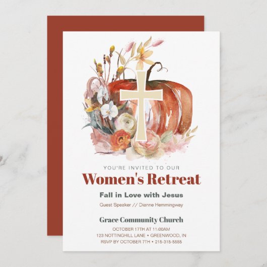 Fall Watercolor Pumpkin & Cross Women's Ministry Einladung (Vorne/Hinten)