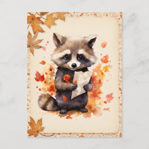 Fall Watercolor Raccoon mit einem Buchstaben - Postkarte