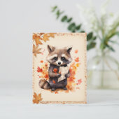 Fall Watercolor Raccoon mit einem Buchstaben - Postkarte (Stehend Vorderseite)