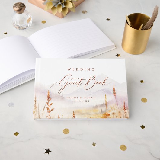 Fall Watercolor Wildflower Mountain Rustic Wedding Gästebuch (Vorderseite Offen)