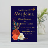 Fall Wedding Floral Monarch Blue Gold Folieneinladung (Stehend vorne)