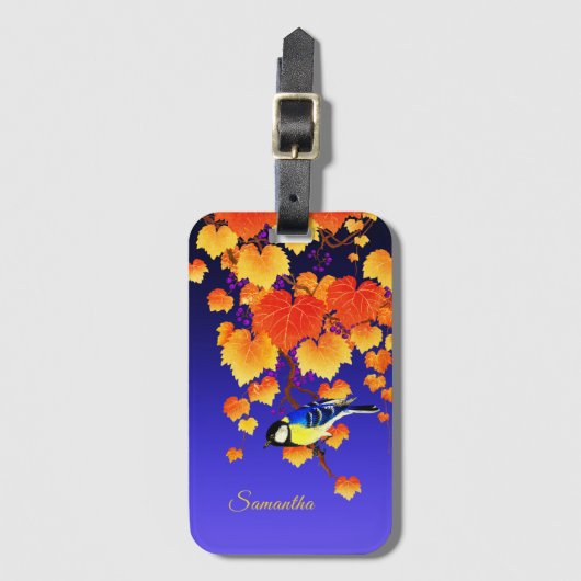 Fall Weintrauben Great Tit Bird Orange Blätter Bla Gepäckanhänger (Vorderseite Vertikal)